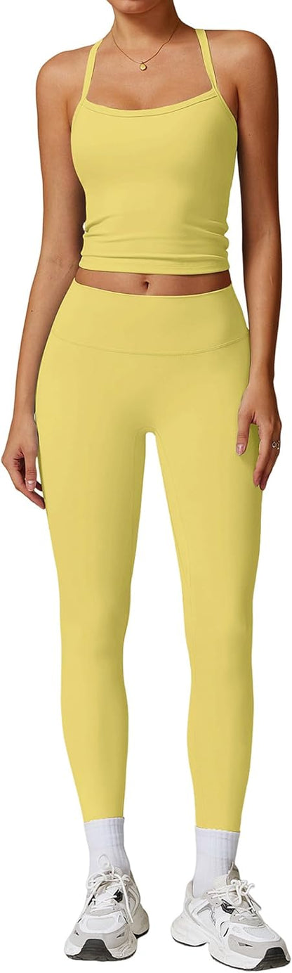 Women 2 Piece Workout Sets Padded Criss Cross Back Crop Tank High Waist Tummy Control Active Leggings Sets Yoga Outfit