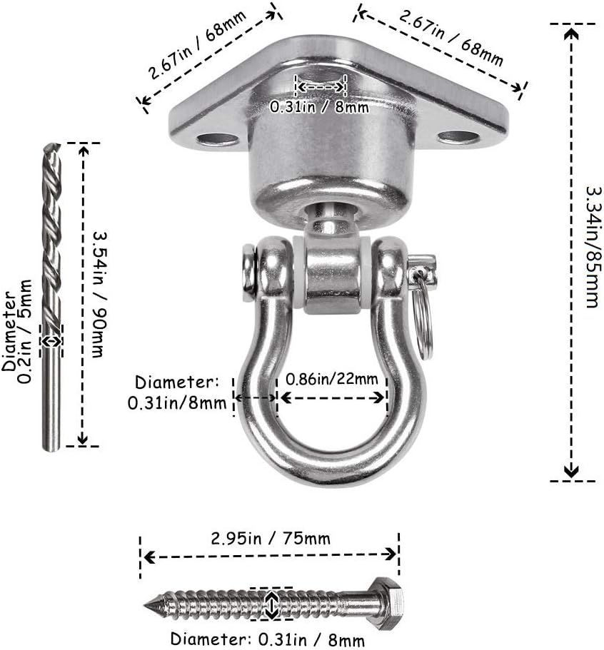 9M Stainless Steel Hanger with Smooth Swing Bearings, Heavy Duty 180°+360° Swivel Swing Hook, 1500 lb Capacity Playground Yoga Hammock Chair Rope, sandbag Porch Swing Bag Sleeve