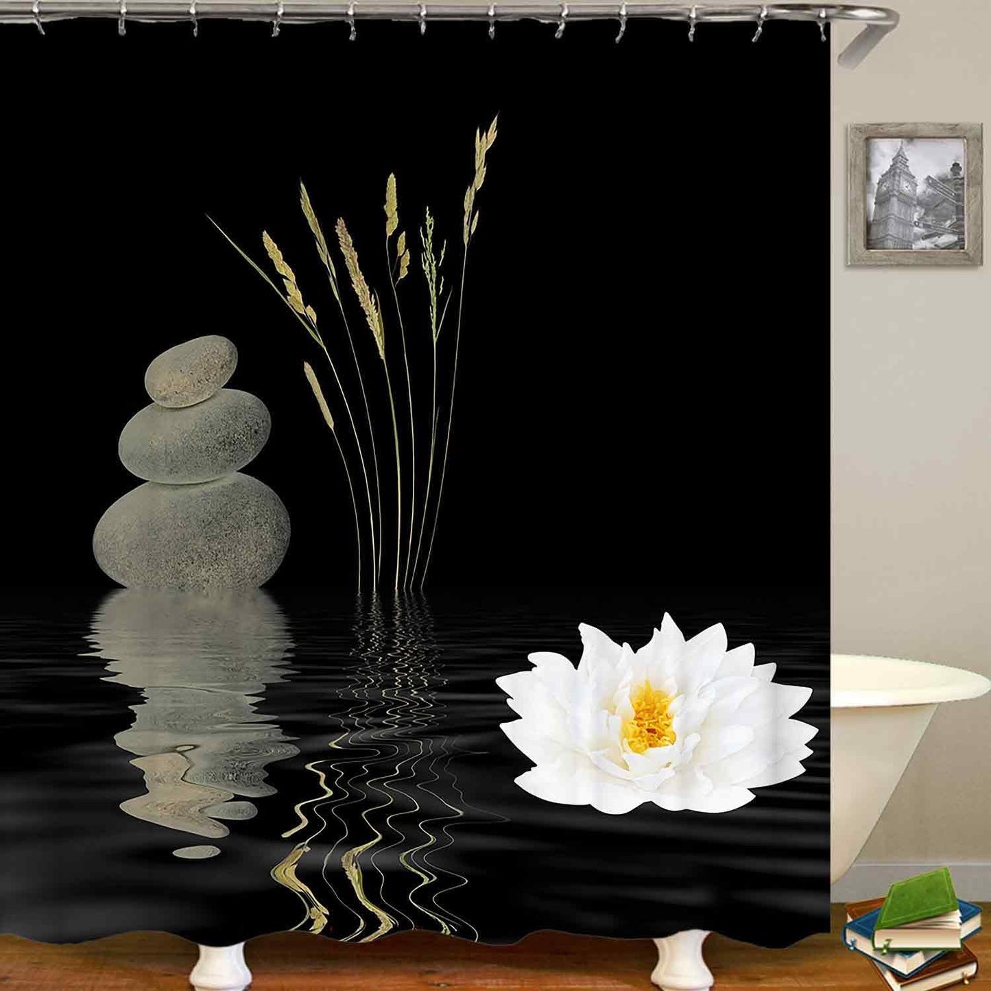 4PCS Spa Zen Shower Curtain Sets with Rugs, White Shower Curtain, Pink Floral Orchid Lotus Water Lily Stone Bamboo Water Reflection Yoga Massage Relaxing Spiritual Meditation Bathroom Decor