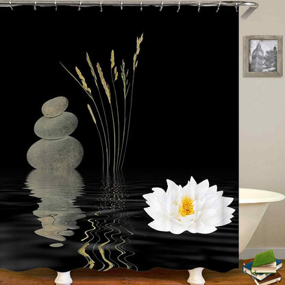 4PCS Spa Zen Shower Curtain Sets with Rugs, White Shower Curtain, Pink Floral Orchid Lotus Water Lily Stone Bamboo Water Reflection Yoga Massage Relaxing Spiritual Meditation Bathroom Decor
