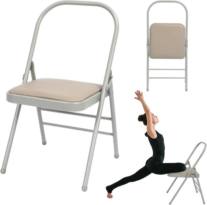RattanView Yoga Auxiliary Chair with Lumbar Back Support Backless Folding Metal Foldable Flexibility Exercise Chair Balance Handstand Training Tool for Back Pain Relieving Strength Training