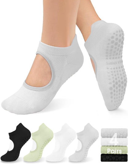 yeuG Pilates Socks for Women Non Slip Grip Socks for Yoga, Barre, Hospital, Barefoot Grippy Yoga Sock Womens Gifts 4 Pairs