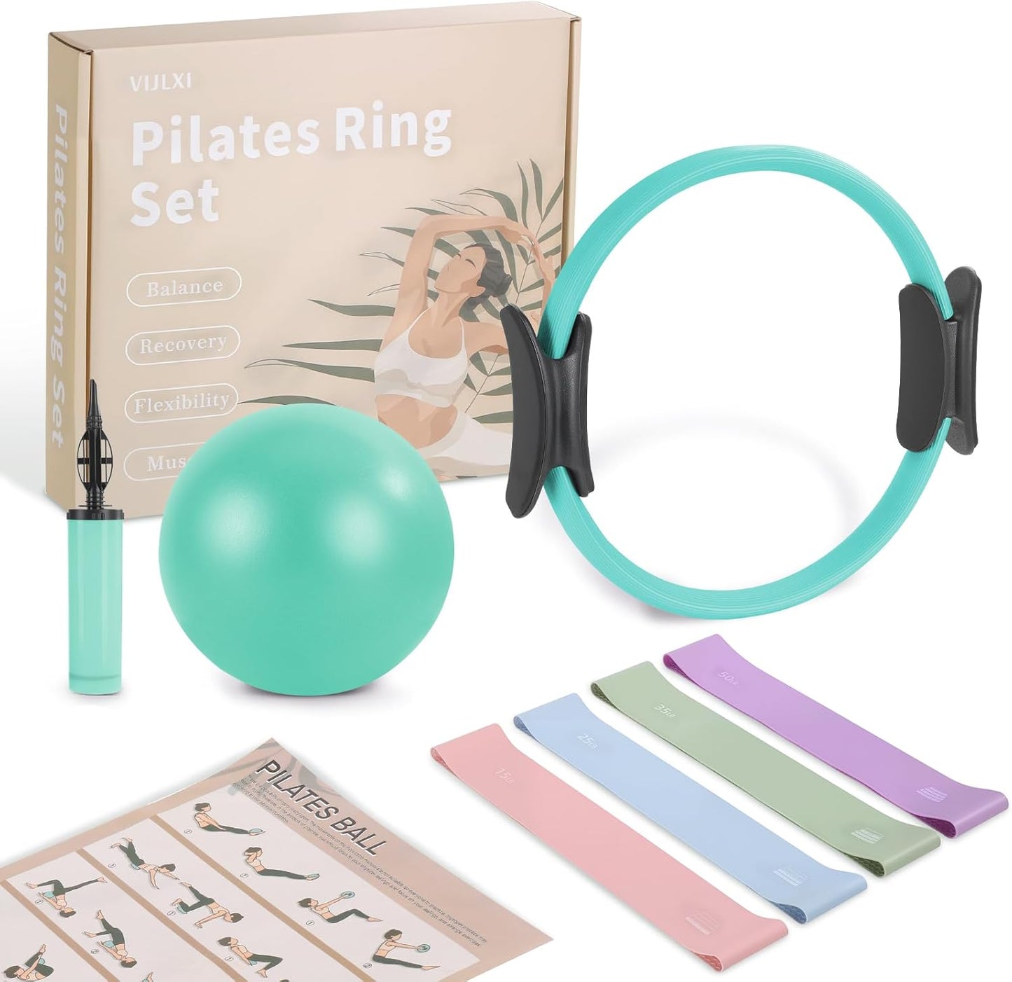 Pilates Kit, Home Pilates Equipment Set with Pilates Ring, Pilates Ball and 5 Resistance Bands, Core Strength Training Workout Kit for Flexibility & Muscle Toning