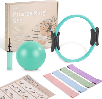 Pilates Kit, Home Pilates Equipment Set with Pilates Ring, Pilates Ball and 5 Resistance Bands, Core Strength Training Workout Kit for Flexibility & Muscle Toning
