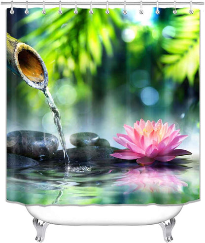 4PCS Spa Zen Shower Curtain Sets with Rugs, White Shower Curtain, Pink Floral Orchid Lotus Water Lily Stone Bamboo Water Reflection Yoga Massage Relaxing Spiritual Meditation Bathroom Decor
