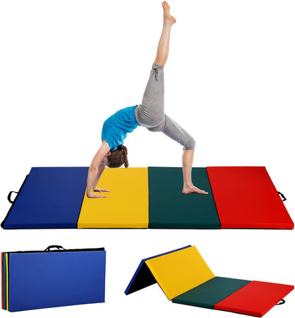 Gymnastics Mat for Tumbling, Folding Tumbling Mat Exercise Mat Gym Mat Tumbling Mats for Kids, Adults, PU Leather Yoga Mat with Carrying Handles