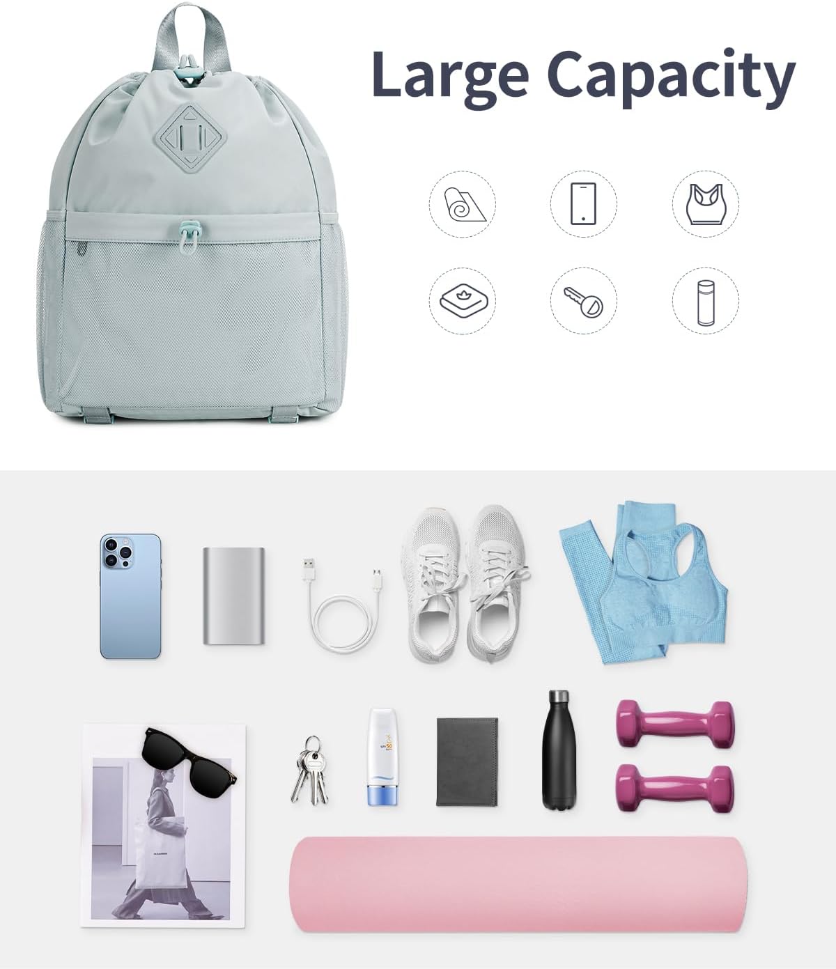 WANDF Drawstring Backpack for Women, Lightweight Gym Bag with Yoga Mat Strap, Water-Resistant String Backpack with Mesh Pocket (Grey, Patent Pending)