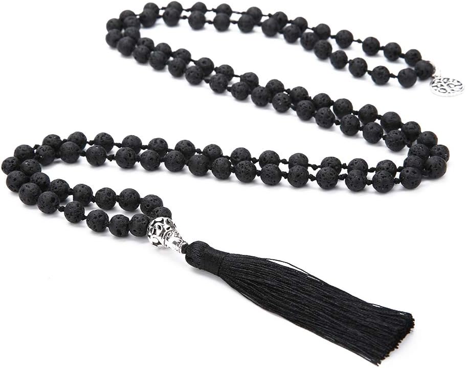 108 Mala Beads Necklace Semi-Precious Gem Stones Meditation Necklace 108 Hand Knotted Japa Mala Beaded Tassel Necklace with Tree of Life Pendant