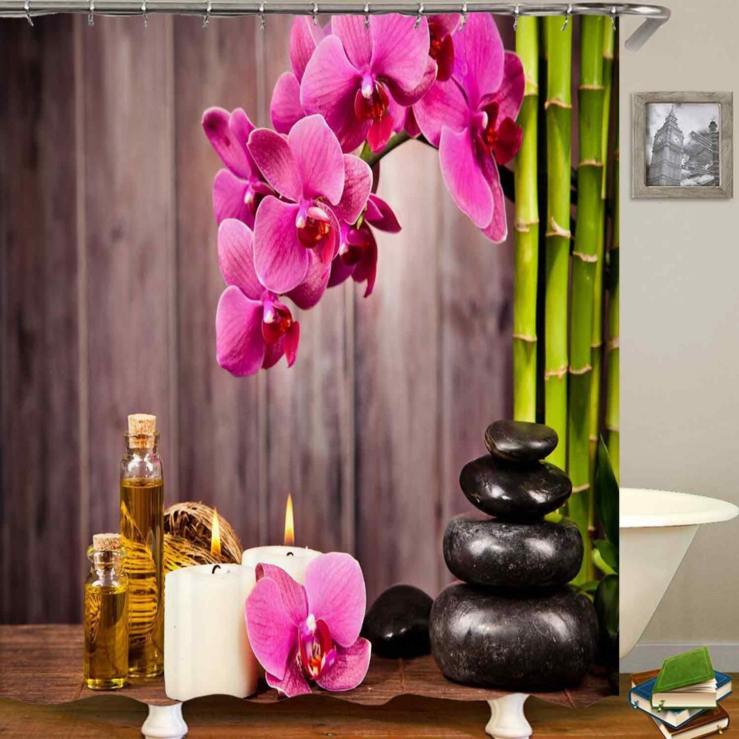 4PCS Spa Zen Shower Curtain Sets with Rugs, White Shower Curtain, Pink Floral Orchid Lotus Water Lily Stone Bamboo Water Reflection Yoga Massage Relaxing Spiritual Meditation Bathroom Decor