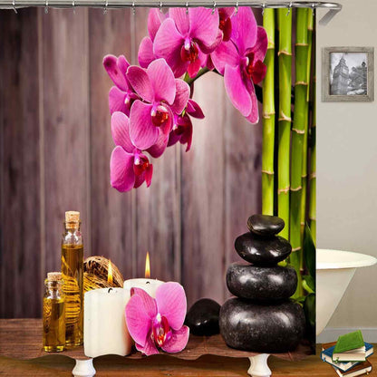 4PCS Spa Zen Shower Curtain Sets with Rugs, White Shower Curtain, Pink Floral Orchid Lotus Water Lily Stone Bamboo Water Reflection Yoga Massage Relaxing Spiritual Meditation Bathroom Decor