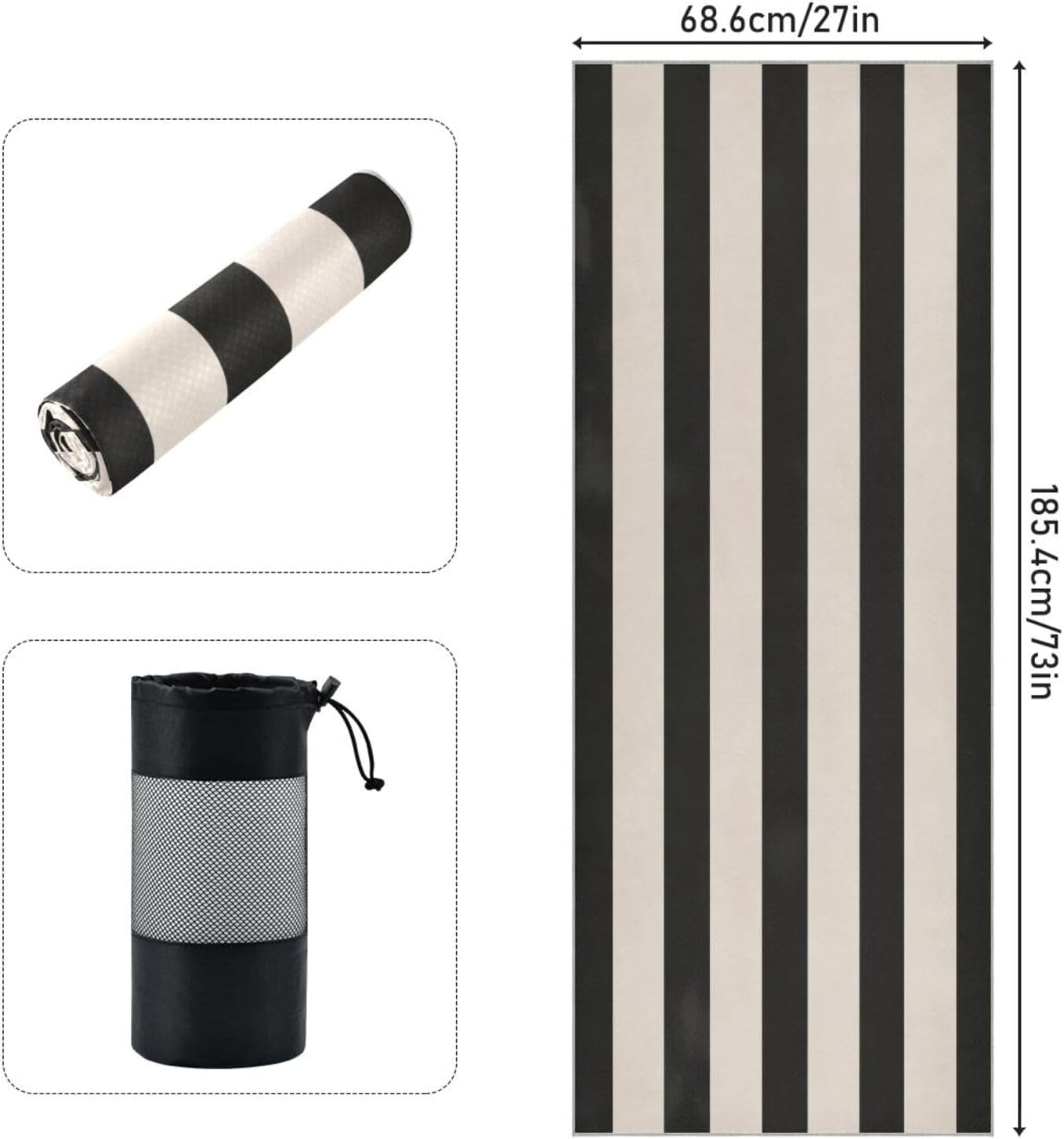 Black White Stripe Yoga Mat Towel 73"x27" Suede Surface Non-Slip Yoga Towel for Hot Yoga, Pilates and Workout, Machine Washable