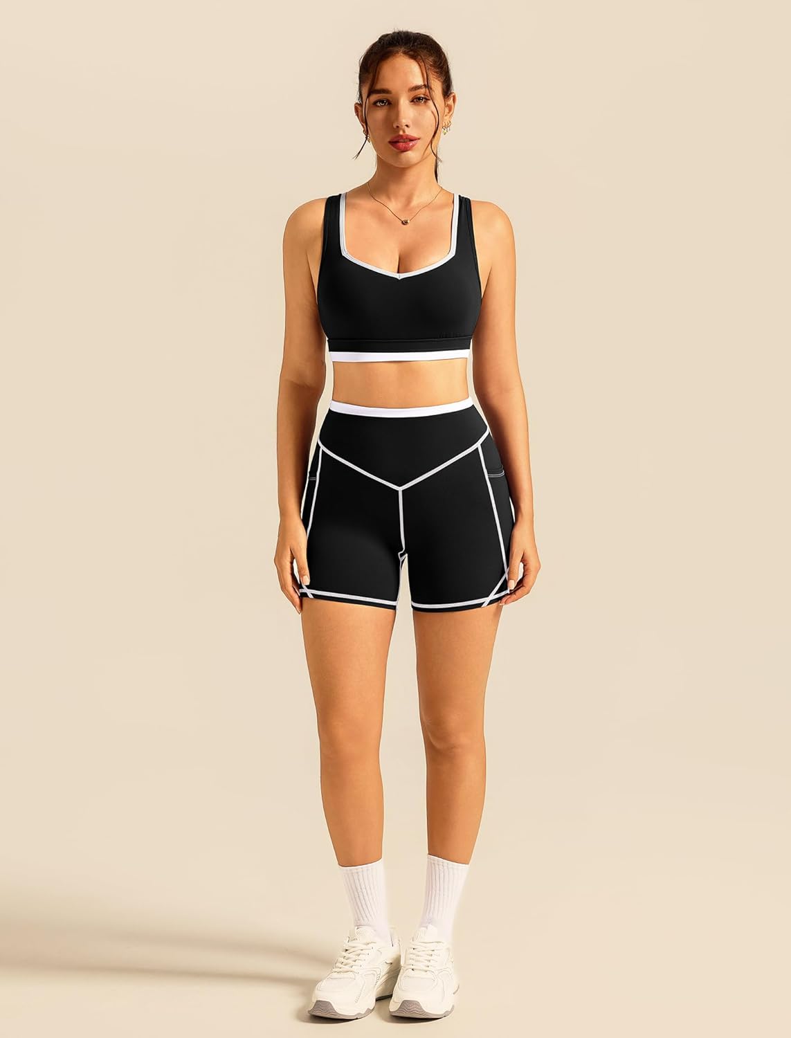 ABOCIW Womens Two Piece Workout Sets Color Block Sports Bra Matching High Waist Biker Shorts Active Gym Yoga Outfits