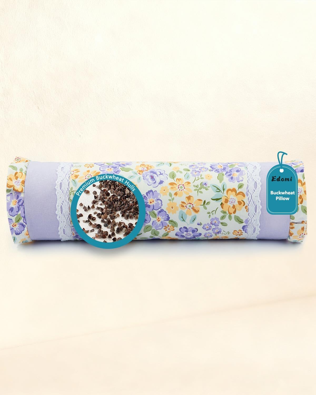 Buckwheat Hull Neck Roll Pillow -15.7" x4.7” Adjustable Firmness Cervical Support for Sleep & Yoga, Cooling Floral Cotton Cover, Ergonomic Bolster Pillow, Blue