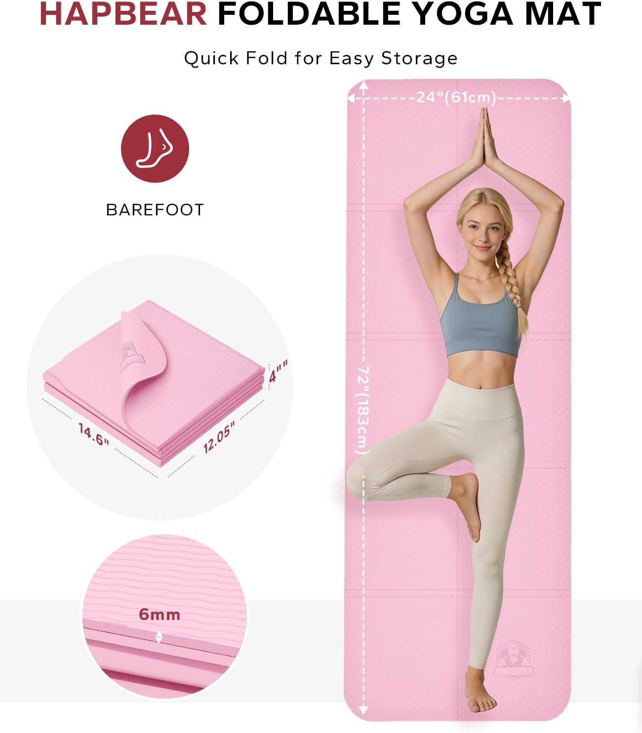 HAPBEAR Foldable Yoga Mat - 72"x24"x0.24" (6mm), Non-Slip TPE Exercise Mat for Home Workout, Yoga, Pilates,Stretching, & Travel, Durable & Eco-Friendly, Includes Carry Bag