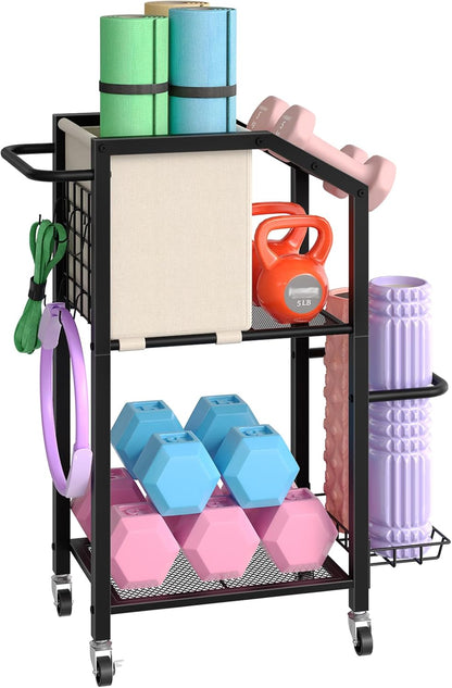 HOOBRO Dumbbell Rack, Weight Rack for Dumbbells, Yoga Mat Storage Rack, Home Gym Storage Rack for Dumbbells Kettlebells Foam Roller, Workout Storage Organizer with Wheels & Hooks, Black BE85CJ01N1