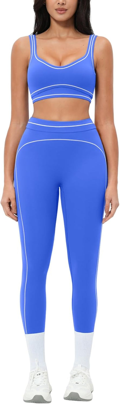 Women 2 Piece Workout U Back Color Block Sports Bra High Waist Tummy Control Active Leggings Yoga Pilates Outfits