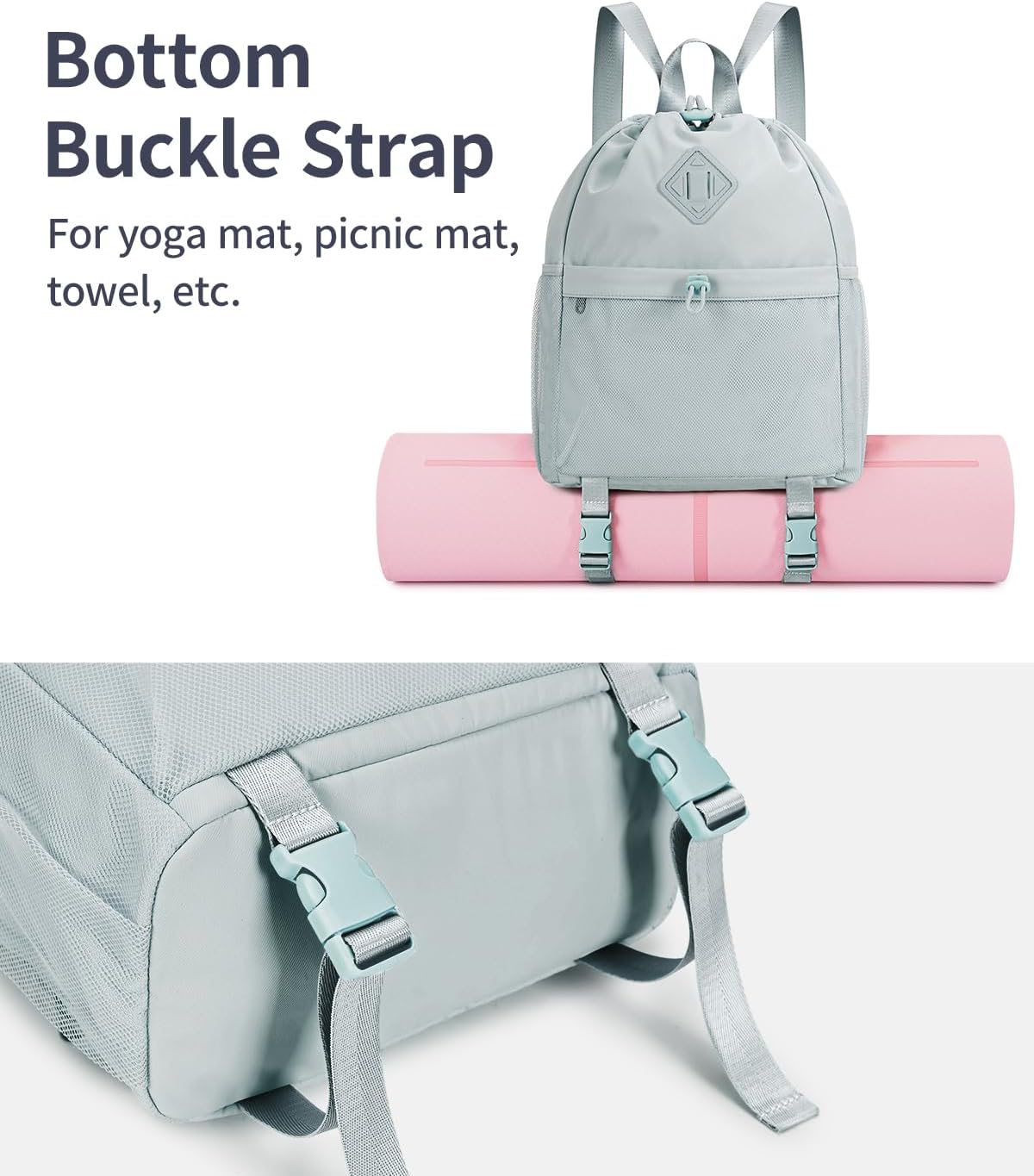 WANDF Drawstring Backpack for Women, Lightweight Gym Bag with Yoga Mat Strap, Water-Resistant String Backpack with Mesh Pocket (Grey, Patent Pending)