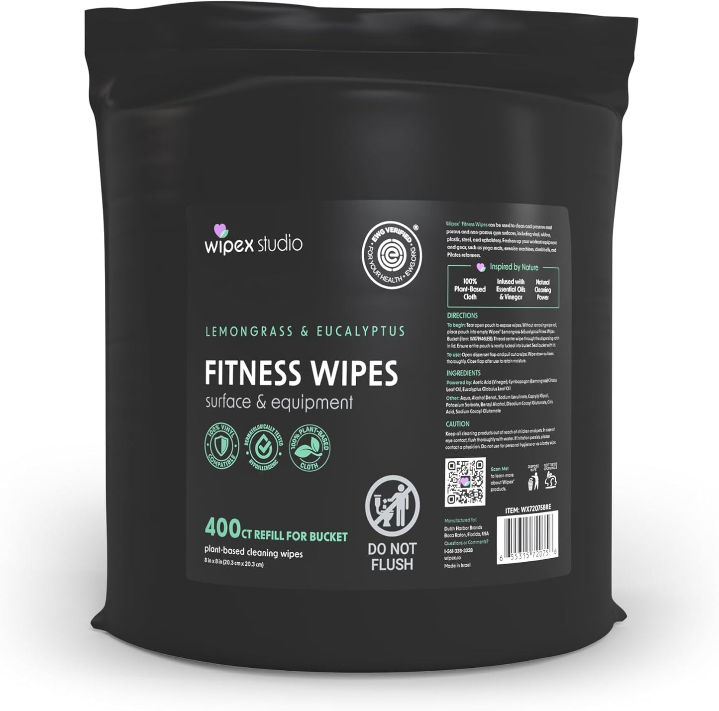 Wipex Fitness Wipes Bucket Refill Roll - EWG Verified - Plant-based Fitness Equipment Wipes, Lemongrass, Eucalyptus & Vinegar to Clean Surfaces, Yoga Mat & Gym Cleaner and Peloton Bikes, 400 Count
