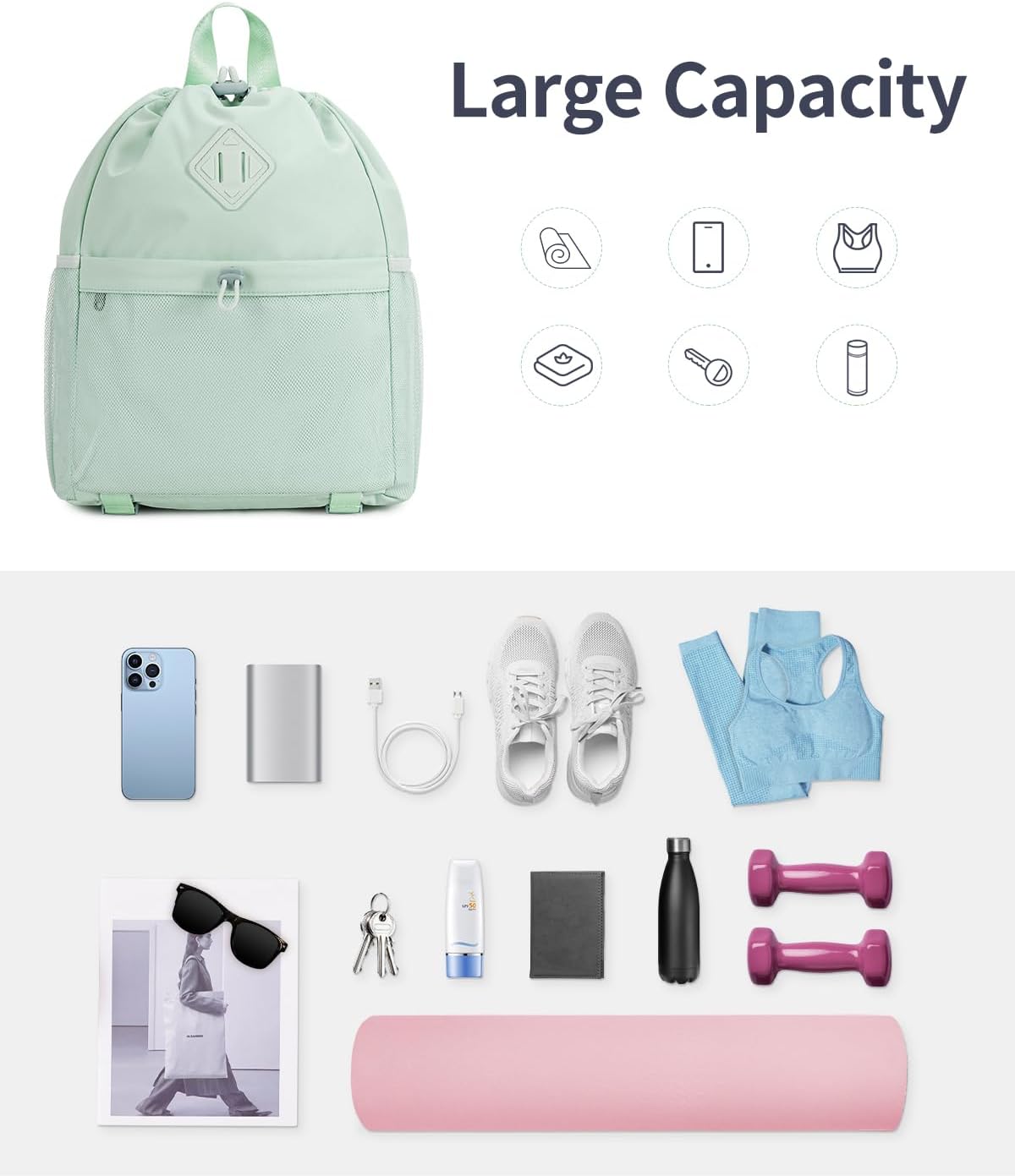 WANDF Drawstring Backpack for Women, Lightweight Gym Bag with Yoga Mat Strap, Water-Resistant String Backpack with Mesh Pocket (Grey, Patent Pending)