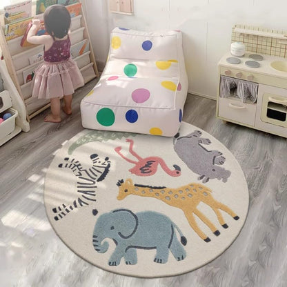 Poowe Cute Animals Kids Room Rug,39.4" Round Washable Area Rugs Rabbit Rug Nursery Rug for Baby Boys Girls Play Mat Floor Carpet Non Slip Soft Rugs for Living Room Bedroom Playroom Classroom