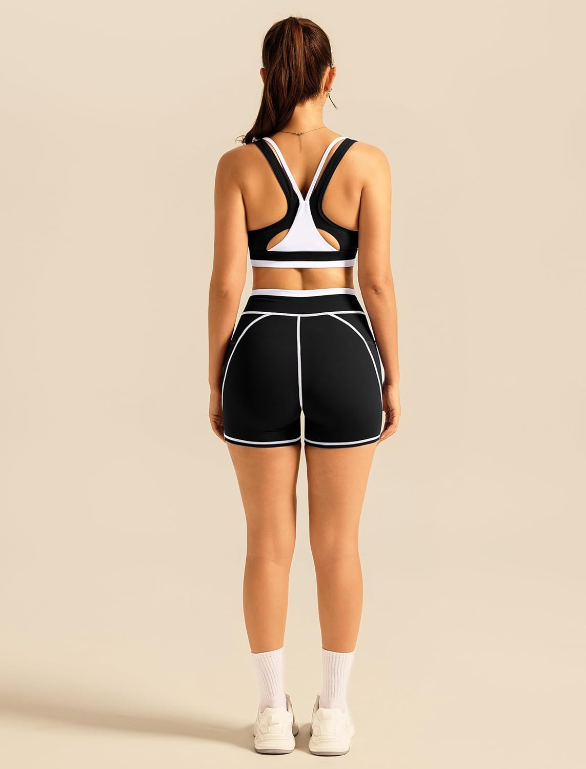 ABOCIW Womens Two Piece Workout Sets Color Block Sports Bra Matching High Waist Biker Shorts Active Gym Yoga Outfits
