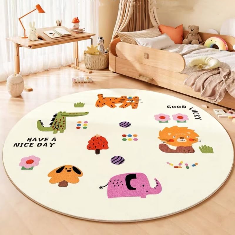 Poowe Cute Animals Kids Room Rug,39.4" Round Washable Area Rugs Rabbit Rug Nursery Rug for Baby Boys Girls Play Mat Floor Carpet Non Slip Soft Rugs for Living Room Bedroom Playroom Classroom