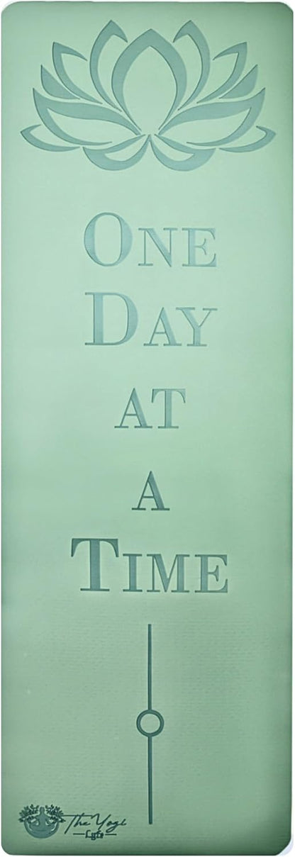 Recovery Lyfe Yoga Mat – “One Day at a Time” Engraving, Non-Slip Eco TPE, Sage Green, 72" x 24" x 6mm, Yoga & Meditation Mat for Recovery and Grounding