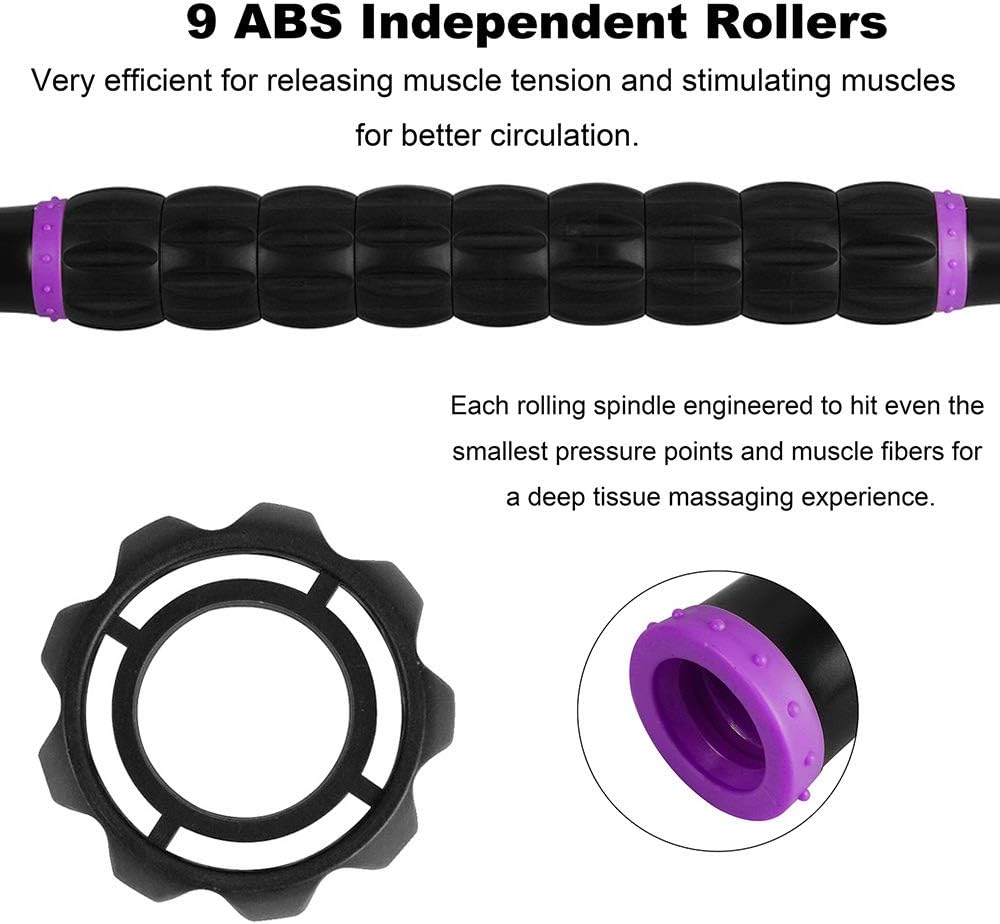 YANSYI Professional 9-Roller Deep Tissue Massage Stick - Portable Muscle Recovery Roller for Athletes, Relieves Post-Workout Soreness & Leg/Back Pain - Portable Physio Tool (Purple)