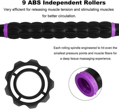 YANSYI Professional 9-Roller Deep Tissue Massage Stick - Portable Muscle Recovery Roller for Athletes, Relieves Post-Workout Soreness & Leg/Back Pain - Portable Physio Tool (Purple)