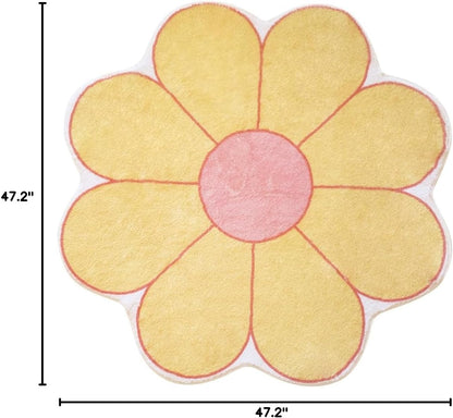 White Flower Shaped Rug, Cute Round Indoor Rug, 39.4" Diameter, High Pile Faux Wool, Non-Slip Backing