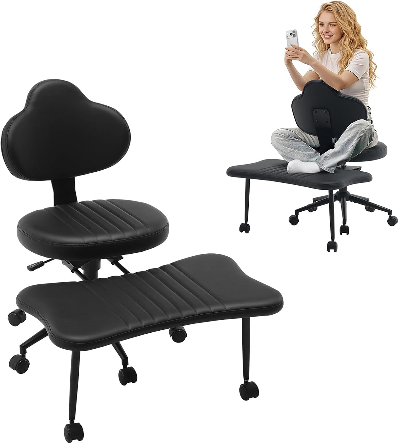 Ergonomic Cross Legged Chair, 360° Swivel Meditation Chair with Wheels, Height Adjustable Seat for Meditation, ADHD & Yoga, PU Leather Yoga Stool for Home Office, Black