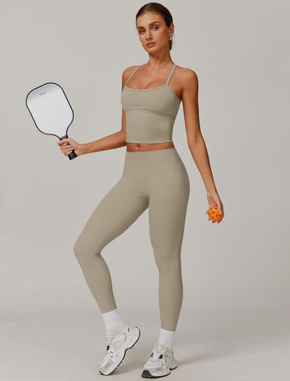 Women 2 Piece Workout Sets Padded Criss Cross Back Crop Tank High Waist Tummy Control Active Leggings Sets Yoga Outfit