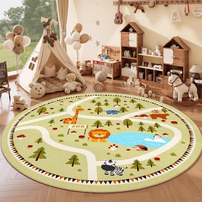 Poowe Cute Animals Kids Room Rug,39.4" Round Washable Area Rugs Rabbit Rug Nursery Rug for Baby Boys Girls Play Mat Floor Carpet Non Slip Soft Rugs for Living Room Bedroom Playroom Classroom