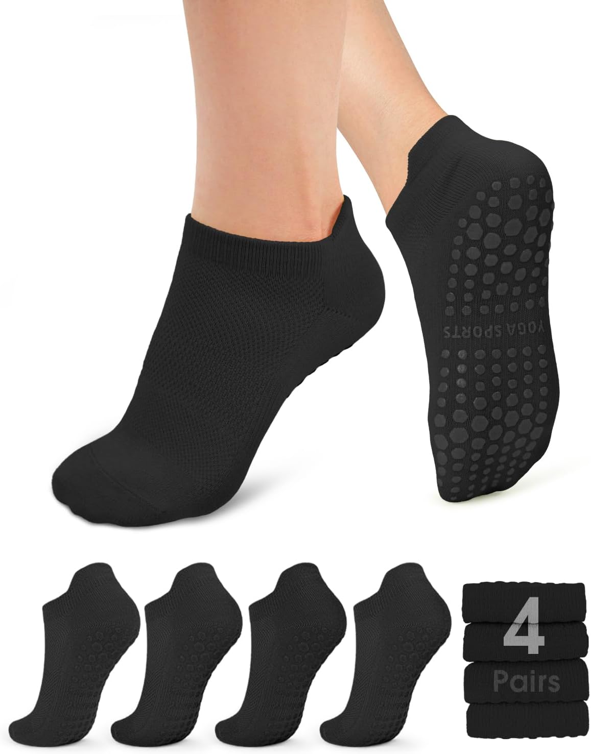 yeuG Pilates Socks for Women Non Slip Grip Socks for Yoga, Barre, Hospital, Barefoot Grippy Yoga Sock Womens Gifts 4 Pairs