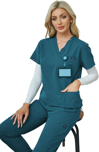 Women's V-Neck Scrubs Set With Cap, Stretchy Top and Jogger Pants, 11 Pockets Nursing Uniform