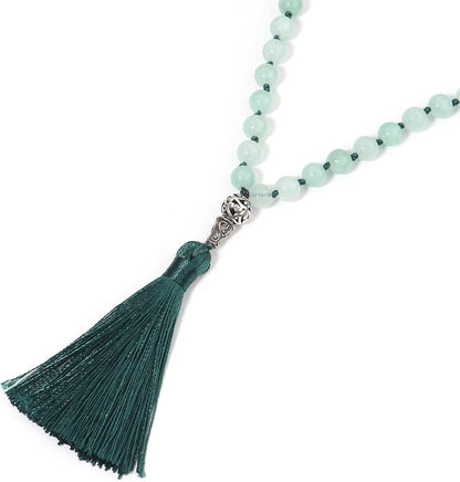 108 Mala Beads Necklace Semi-Precious Gem Stones Meditation Necklace 108 Hand Knotted Japa Mala Beaded Tassel Necklace with Tree of Life Pendant