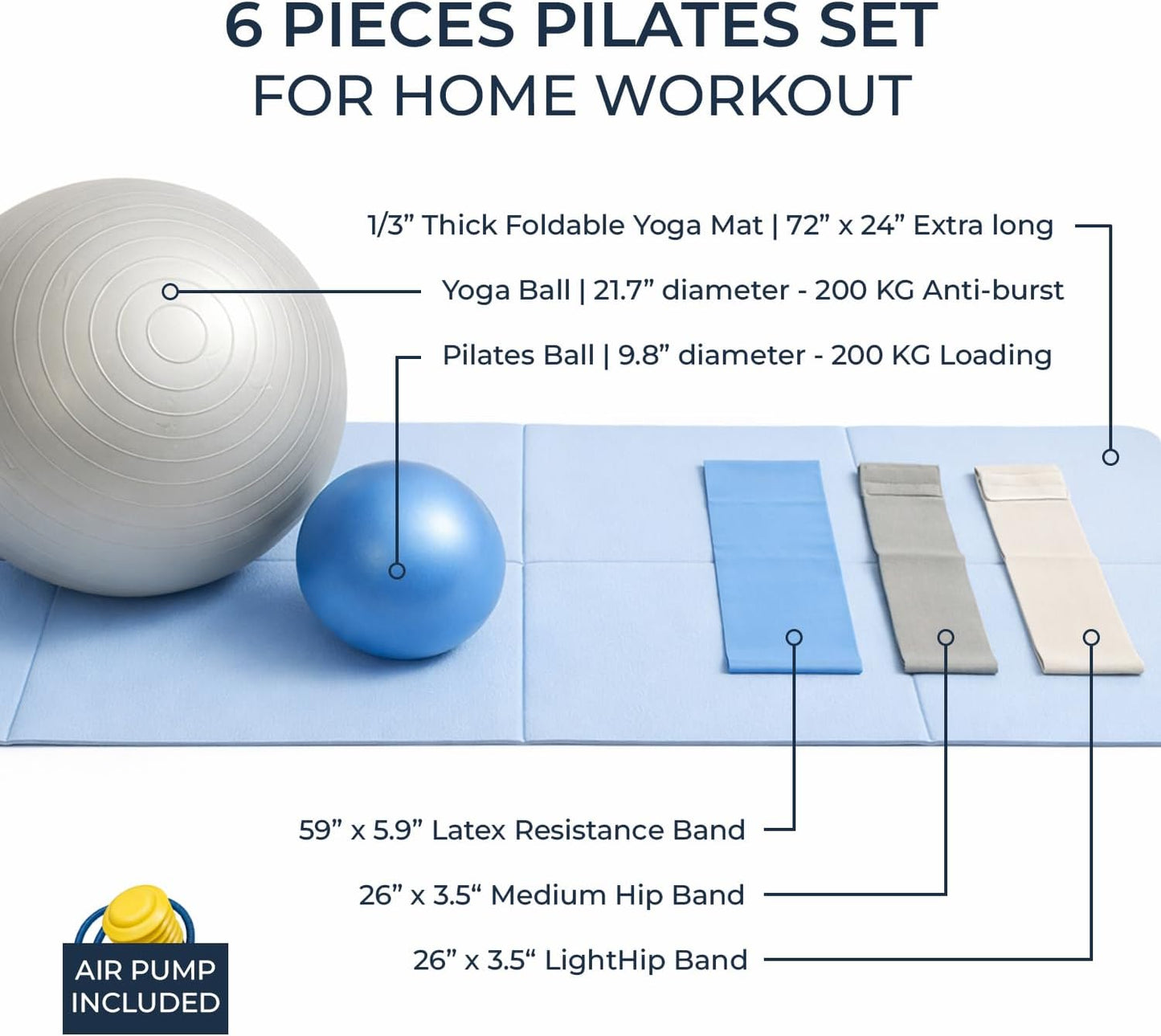 Foldable PILATES MAT with 3 Resistance Bands Set, Pilates Ball & Yoga Ball — 6-Piece Pilates Kit, Extra Thick Workout Mat, Air Pump Included. At Home Workout Equipment for Women and Men