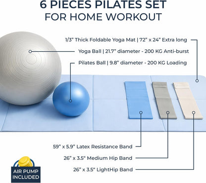 Foldable PILATES MAT with 3 Resistance Bands Set, Pilates Ball & Yoga Ball — 6-Piece Pilates Kit, Extra Thick Workout Mat, Air Pump Included. At Home Workout Equipment for Women and Men