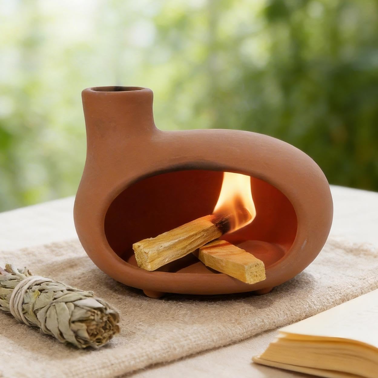 MOUGIGI Terracotta Palo Santo Holder - Modern Chiminea Incense Burner for Yoga, Meditation, and Energy Cleansing - Wood Sticks Dish, Sage Ash Catcher, Smudge Bowl, Cone Burner - Unique Meditation Gift
