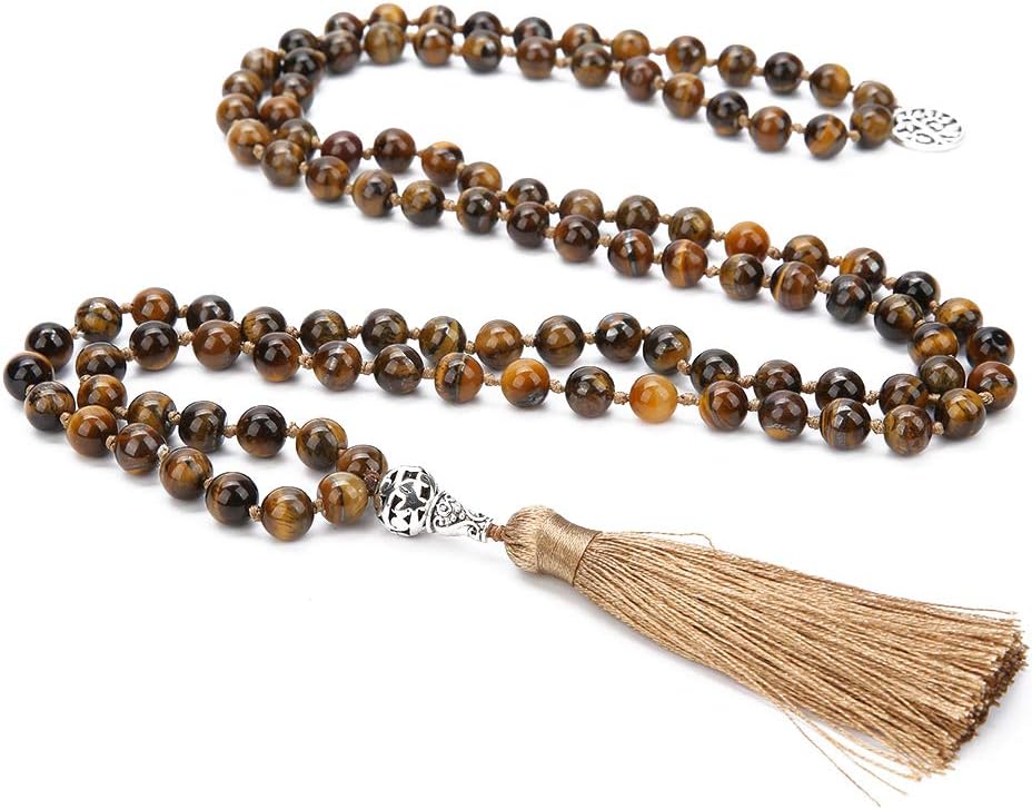 108 Mala Beads Necklace Semi-Precious Gem Stones Meditation Necklace 108 Hand Knotted Japa Mala Beaded Tassel Necklace with Tree of Life Pendant
