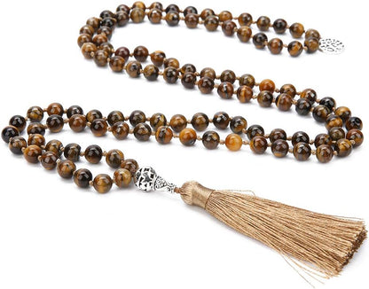 108 Mala Beads Necklace Semi-Precious Gem Stones Meditation Necklace 108 Hand Knotted Japa Mala Beaded Tassel Necklace with Tree of Life Pendant