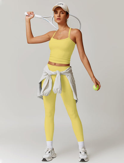Women 2 Piece Workout Sets Padded Criss Cross Back Crop Tank High Waist Tummy Control Active Leggings Sets Yoga Outfit