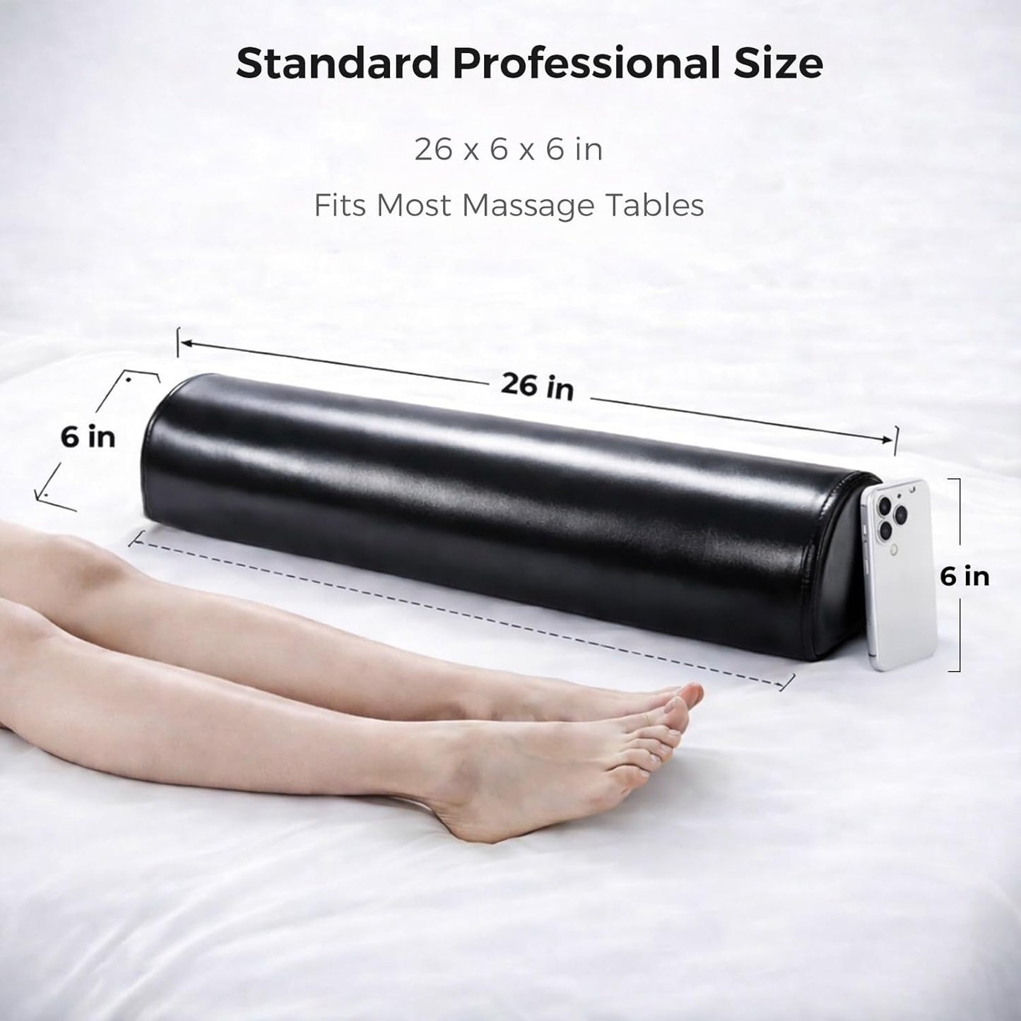 Dual-Cover Comfort Massage Bolster Pillow 3/4 Round, 26 x 6 x 6 in PU Leather & Cooling Cover Bolster for Massage Table, Massage Bolster Pillow for Legs, Leg & Knee Bolster Support – Black/ Light Gray