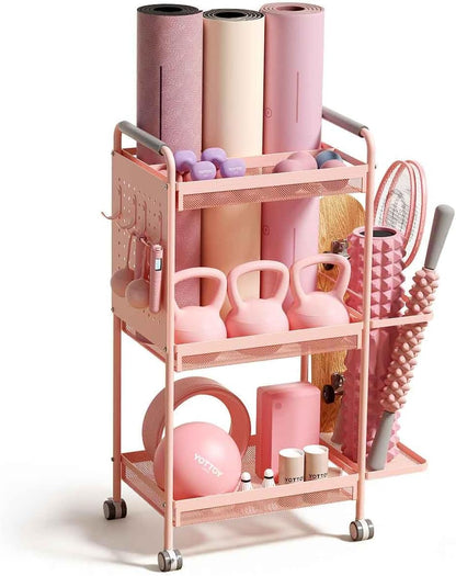 YOTTOY 3-Tier Gym Storage Rack for Home Gym–Multi-Functional Weight Rack, Dumbbell Rack, Yoga Mat Holder with Side Basket & 6 Hooks, Gym Equipment Organizer