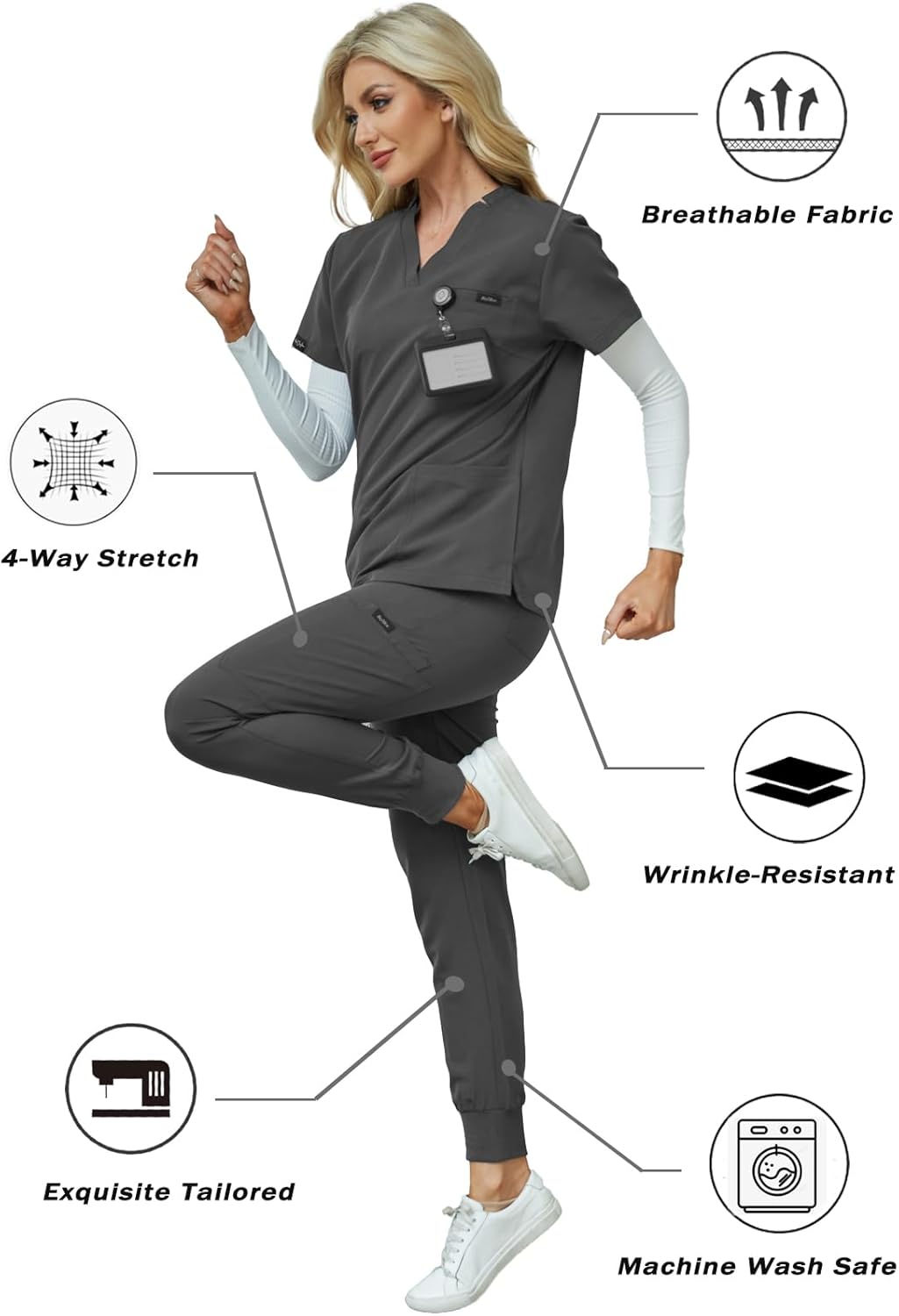 Women's V-Neck Scrubs Set With Cap, Stretchy Top and Jogger Pants, 11 Pockets Nursing Uniform