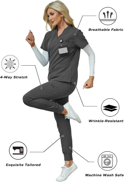Women's V-Neck Scrubs Set With Cap, Stretchy Top and Jogger Pants, 11 Pockets Nursing Uniform