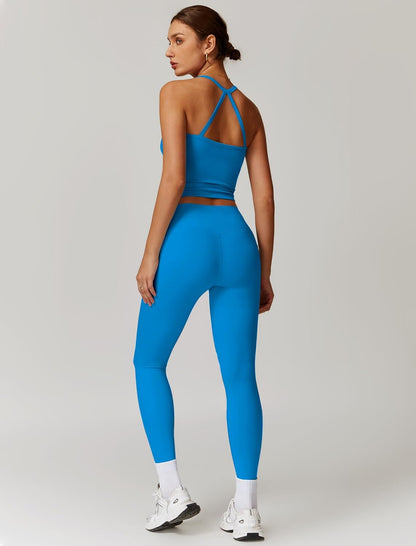 Women 2 Piece Workout Sets Padded Criss Cross Back Crop Tank High Waist Tummy Control Active Leggings Sets Yoga Outfit