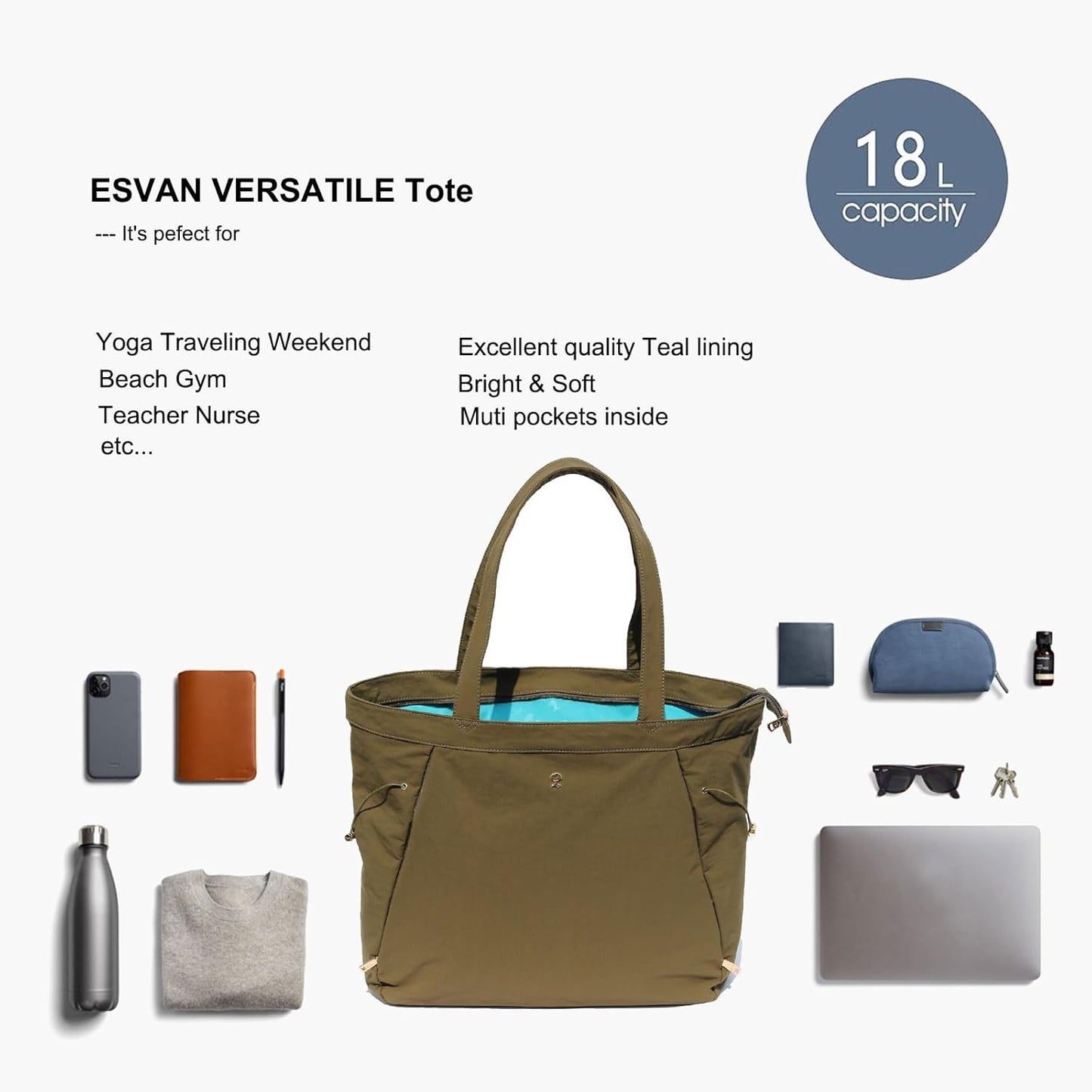 ESVAN Yoga Tote Bag for Women Shoulder Bags Drawstring for Office Workout Travel Carryall Pilates Gym and Beach