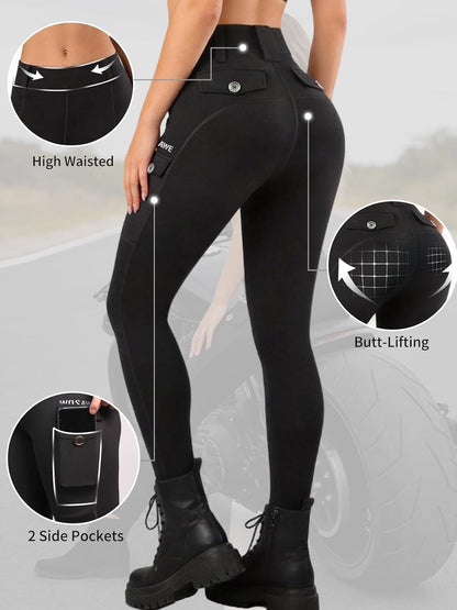 WOSAWE Women's Motorcycle Yoga Leggings with Removable Knee Pads Butt Lifting Cargo Pants