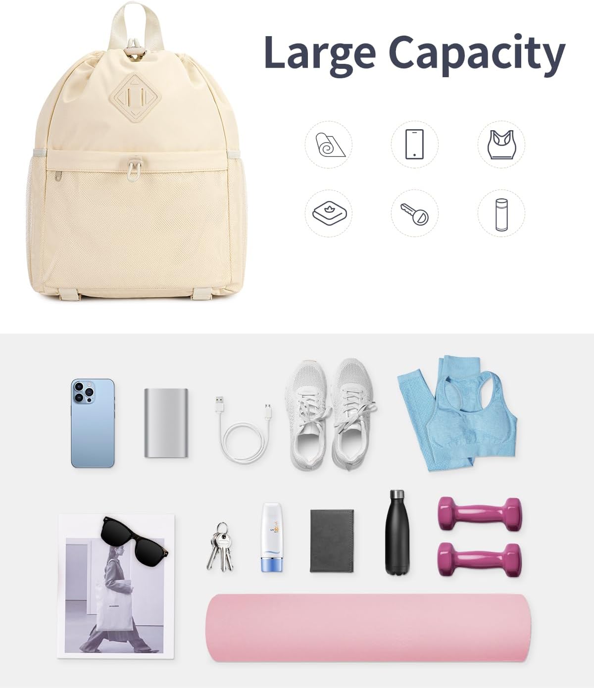 WANDF Drawstring Backpack for Women, Lightweight Gym Bag with Yoga Mat Strap, Water-Resistant String Backpack with Mesh Pocket (Grey, Patent Pending)